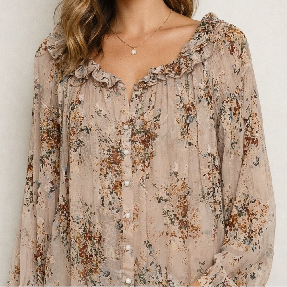 Lilith 100% Silk Sheer Floral Ruffle Blouse One Size